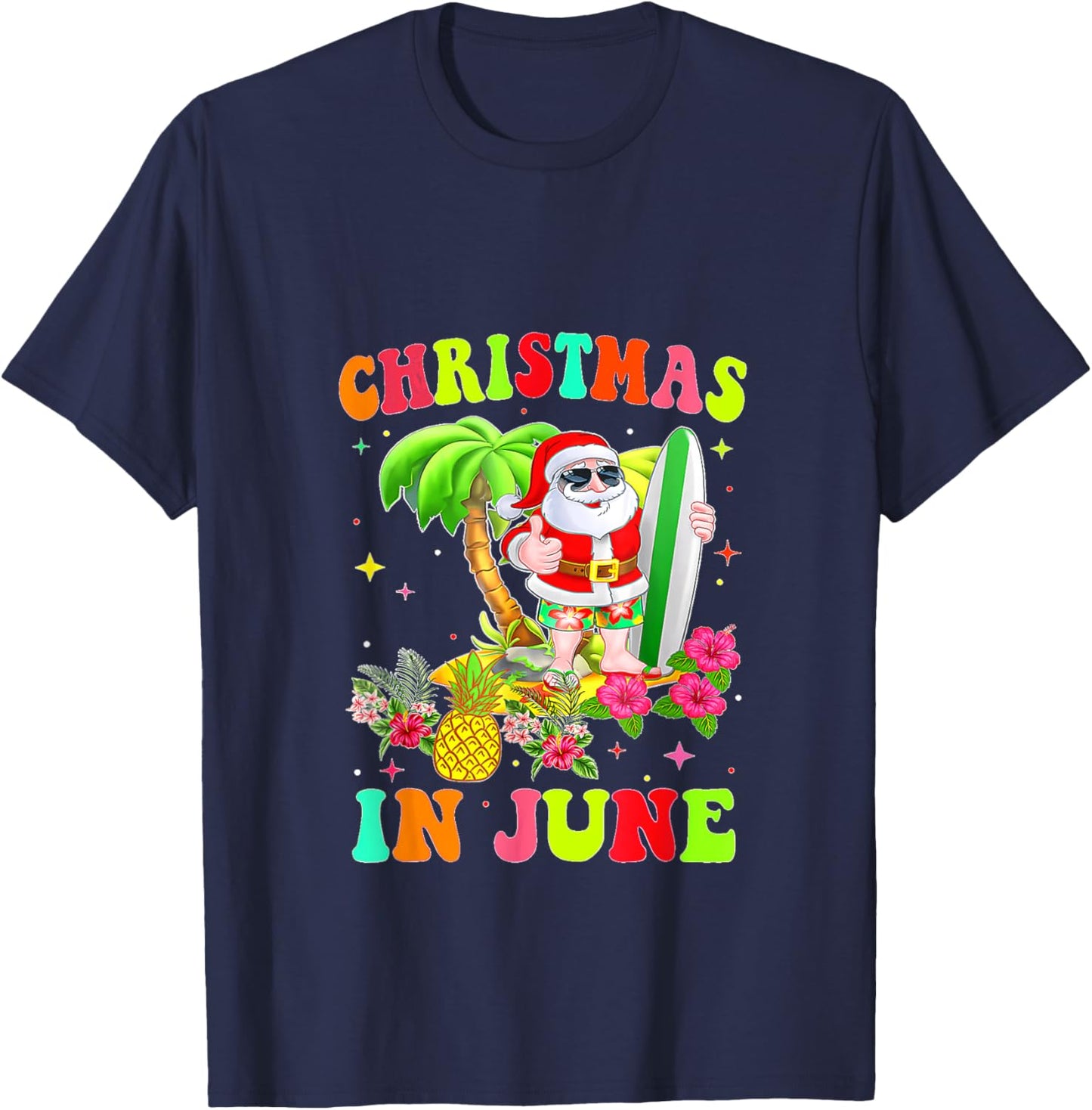 Christmas In June Funny Santa Flamingo Summer Vacation Women Kids T-Shirt - T-Shirt | Navy