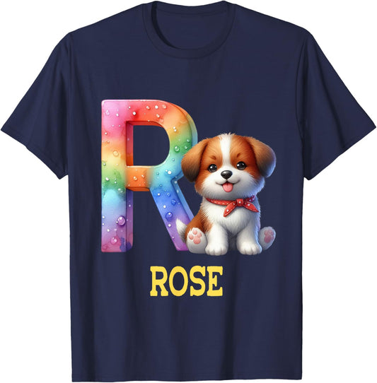 Cute Dogs Letter Rose Name Rainbow Dog T-Shirt - T-Shirt | Navy