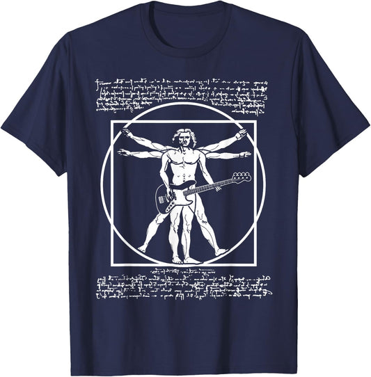 Da Vinci Vitruvian Man Bass Guitar Player - Bass Guitarist T-Shirt - T-Shirt | Navy