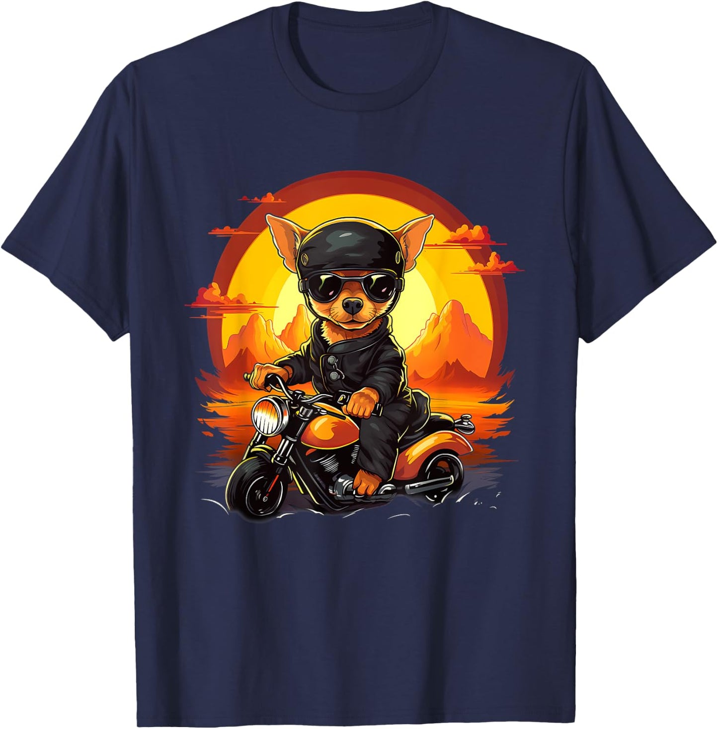 Biker Chiweenie Dog Riding Motorcycle Men Women Kids T-Shirt - T-Shirt | Navy