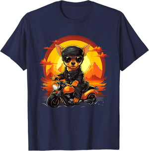 Biker Chiweenie Dog Riding Motorcycle Men Women Kids T-Shirt - T-Shirt | Navy