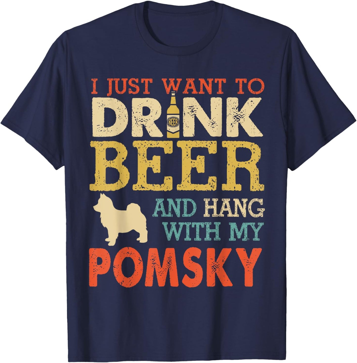 Pomsky Dad Drink Beer Hang With Dog Funny Men Vintage T-Shirt - T-Shirt | Navy