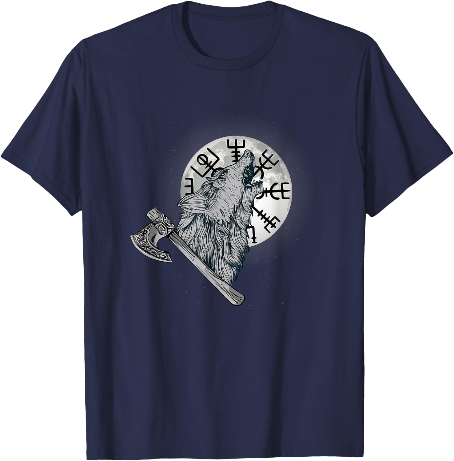 Wolf howls at the moon and Viking compass, Viking T-Shirt - T-Shirt | Navy