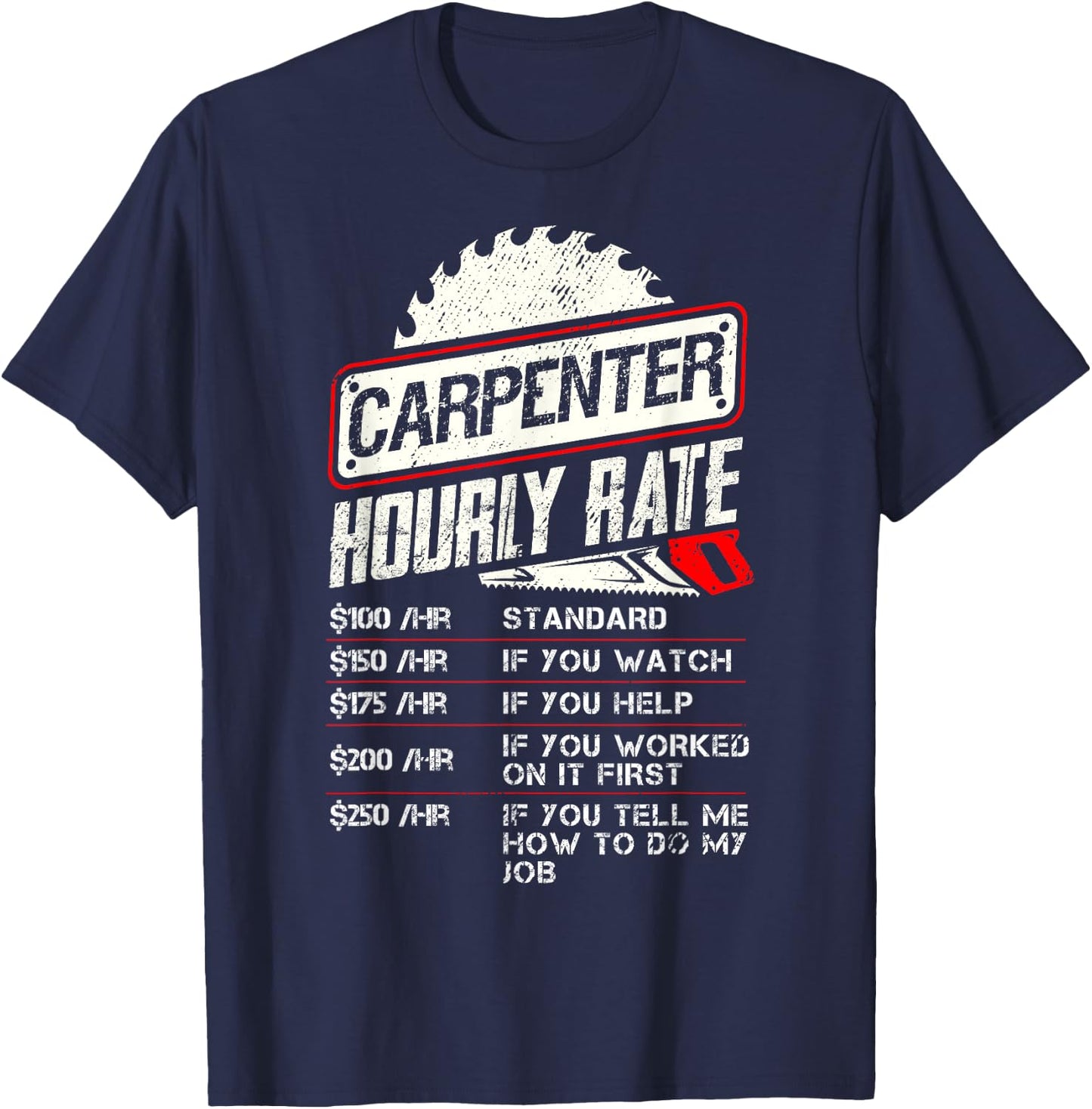 Carpenter Hourly Rate Funny Woodworking Men Labor Rates T-Shirt - T-Shirt | Navy