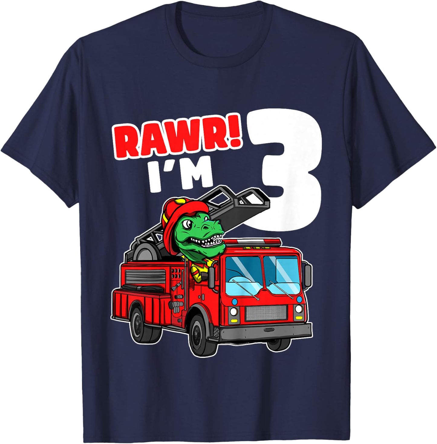 Kids Dinosaur Fire Truck 3rd Birthday Boy 3 T-Rex Firefighter T-Shirt - T-Shirt | Navy
