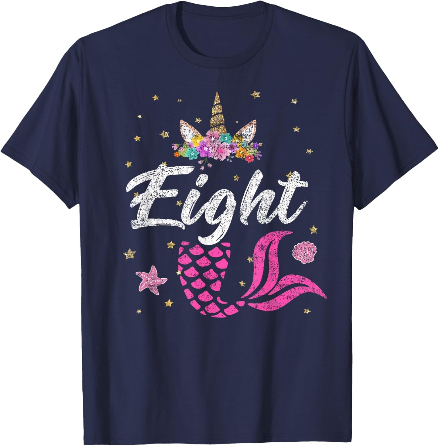 8th Birthday Girl Unicorn Shirt Mermaid Tail 8 Years Old T-Shirt - T-Shirt | Navy
