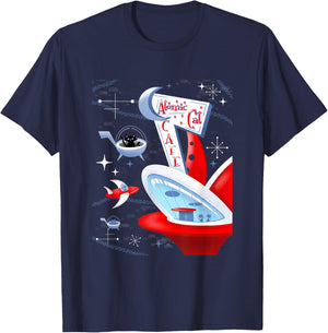 Funny Atomic Cat Cafe Retro Futuristic Spaceport Mid Century T-Shirt - T-Shirt | Navy