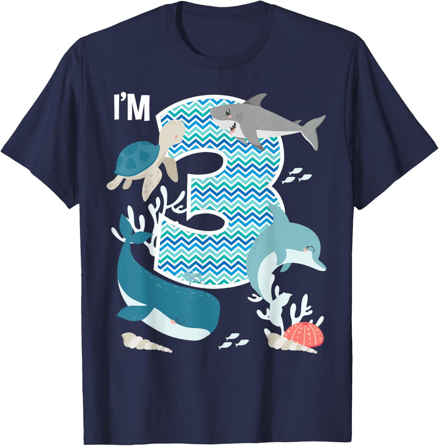 Kids 3 Year Old Ocean Life Whale Dolphin Shark 3rd Birthday T-Shirt - T-Shirt | Navy