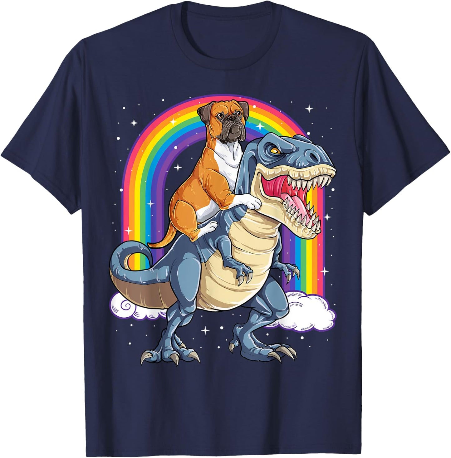 Boxer Riding Dinosaur T-rex Gift Dog Lover Boys Kids Rainbow T-Shirt - T-Shirt | Navy