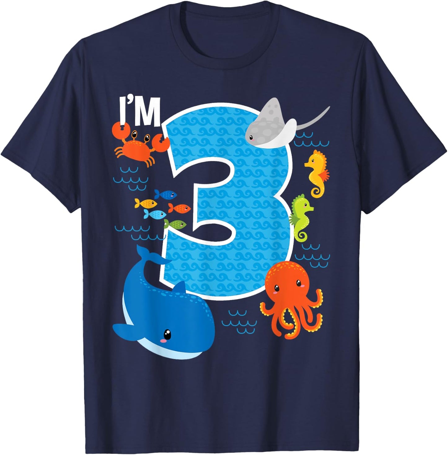 Kids 3 Year Old Birthday Whale Fish Sea Bday Boys and Girls T-Shirt - T-Shirt | Navy