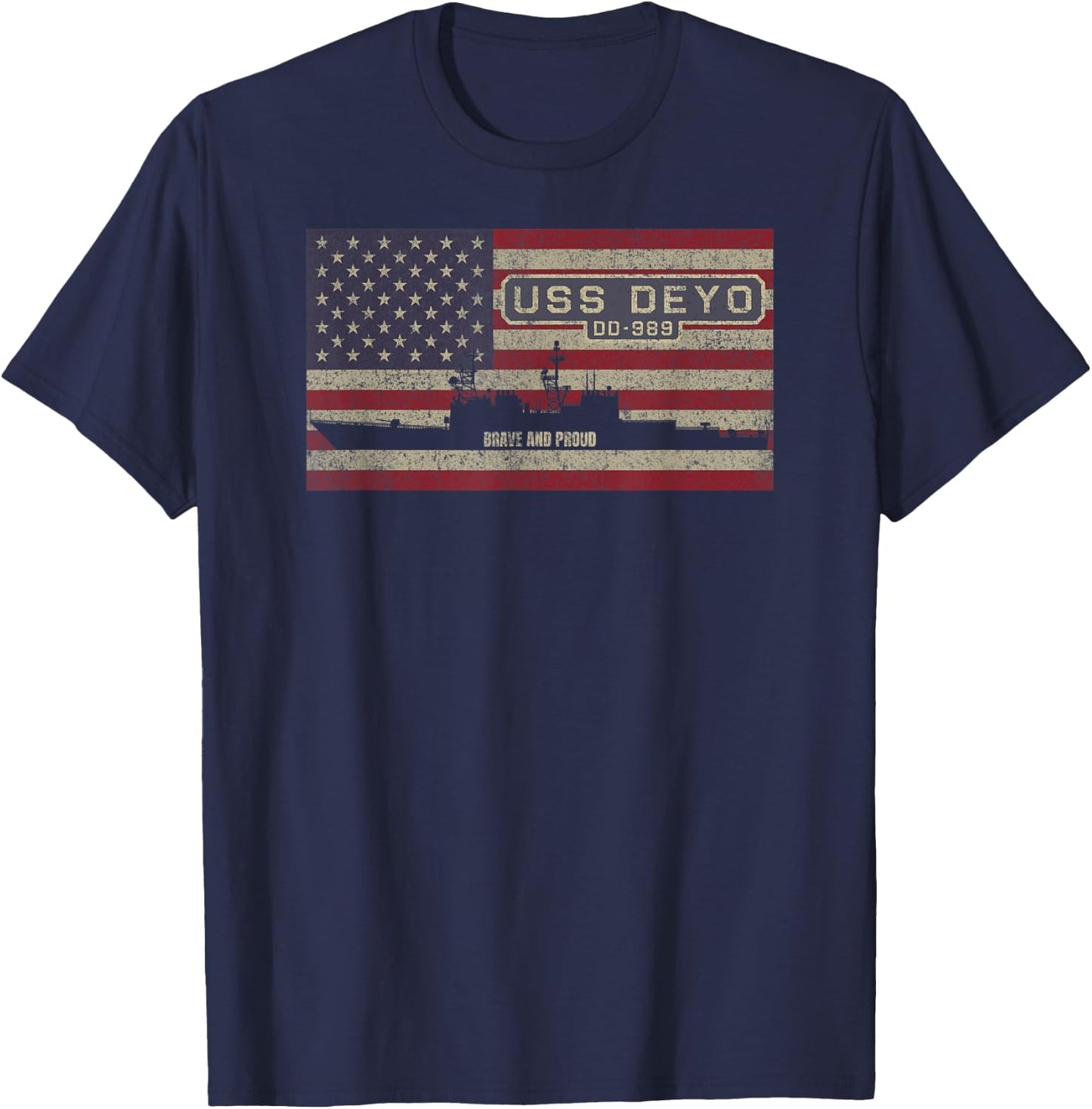 USS Deyo DD-989 Destroyer Ship USA American Flag T-Shirt - T-Shirt | Navy