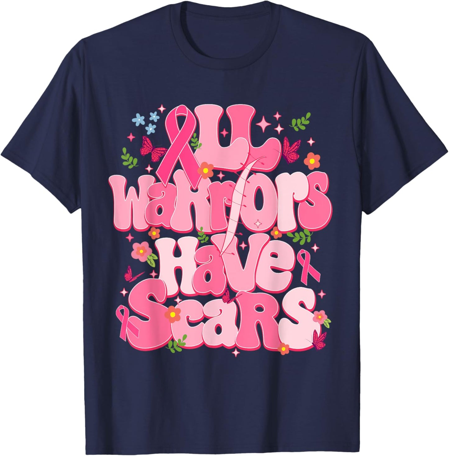 All Warriors Have Scars Pink Ribbon Breast Cancer Awareness T-Shirt - T-Shirt | Navy