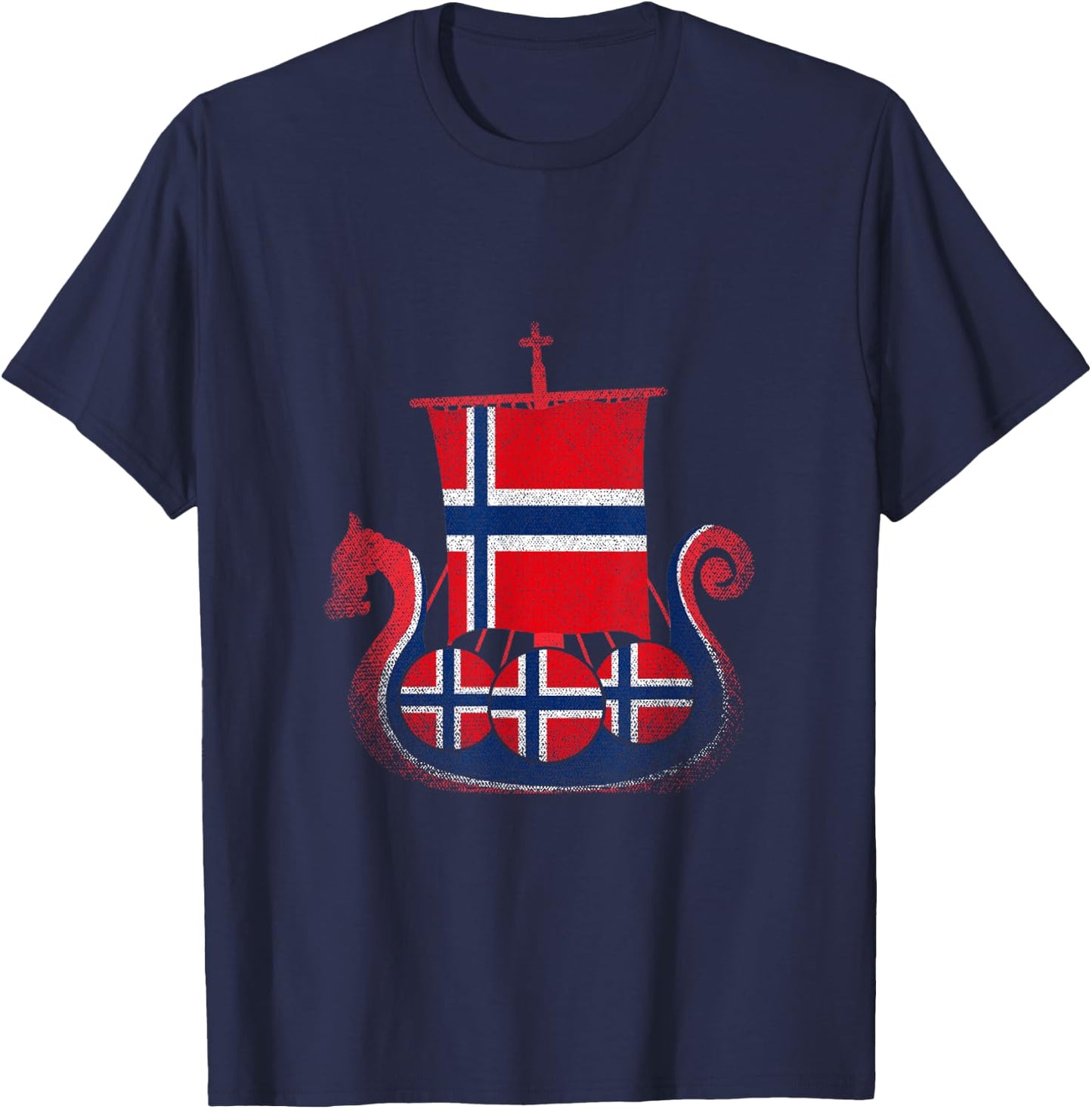 Norwegian Flag Proud Norway Viking Ship - Men's Black Small Classic Fit Short Sleeve Cotton Polyester T-Shirt - T-Shirt | Navy