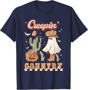 Retro Halloween Cowgirl Ghost Western Creepin' It Country T-Shirt - T-Shirt | Navy