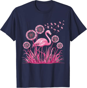 Flower Dandelion Tropical Bird Pink Flamingo T-Shirt - T-Shirt | Navy