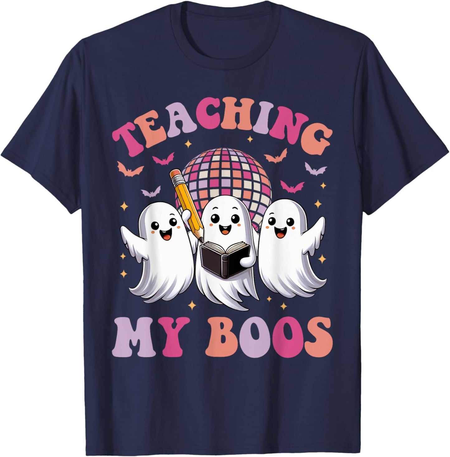 Groovy Teaching My Boos Crew Funny Ghost Halloween Teacher T-Shirt - T-Shirt | Navy