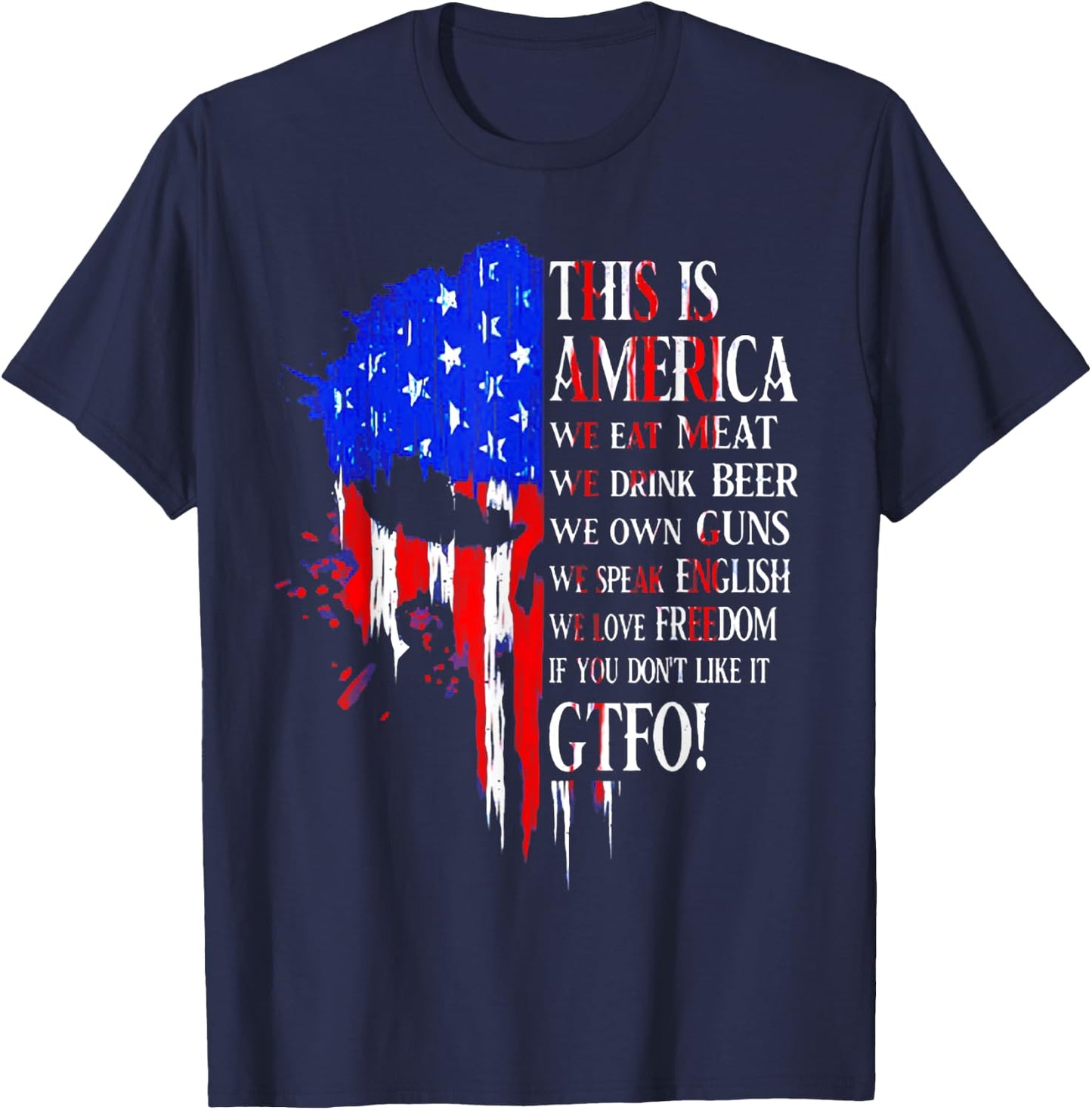 This Is America We Eat Meat We Drink Beer We Own Guns Skull T-Shirt - T-Shirt | Navy