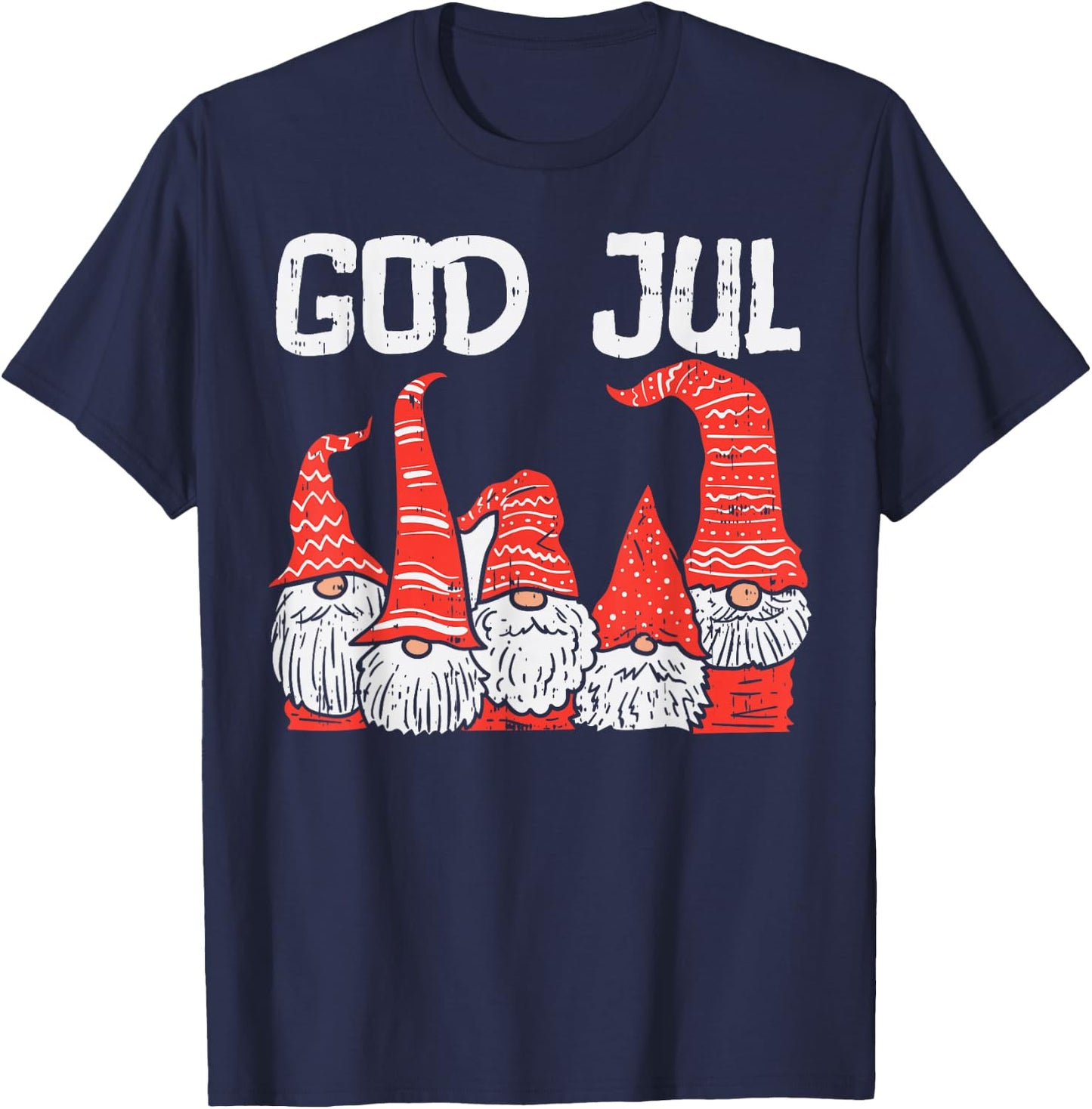 God Jul Three Nordic Gnomes Swedish Norwegian Christmas PJ T-Shirt - T-Shirt | Navy