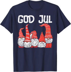 God Jul Three Nordic Gnomes Swedish Norwegian Christmas PJ T-Shirt - T-Shirt | Navy