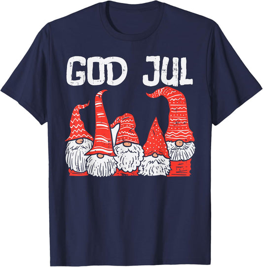 God Jul Three Nordic Gnomes Swedish Norwegian Christmas PJ T-Shirt - T-Shirt | Navy