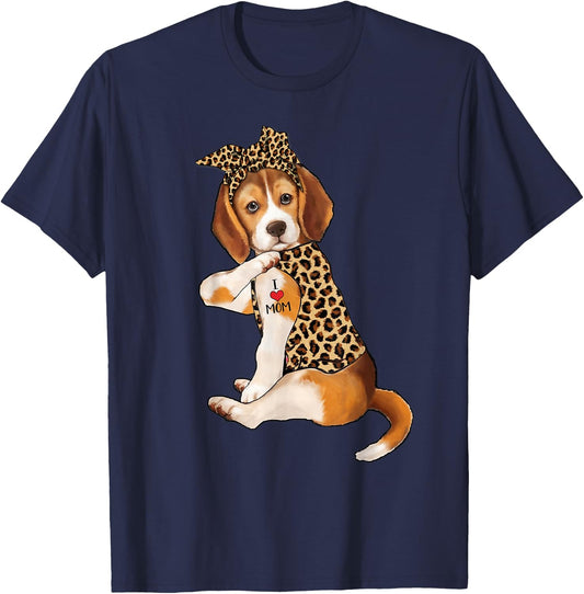 Beagle Dog Lover I Love Mom Tattoo Leopard Mothers Day T-Shirt - T-Shirt | Navy