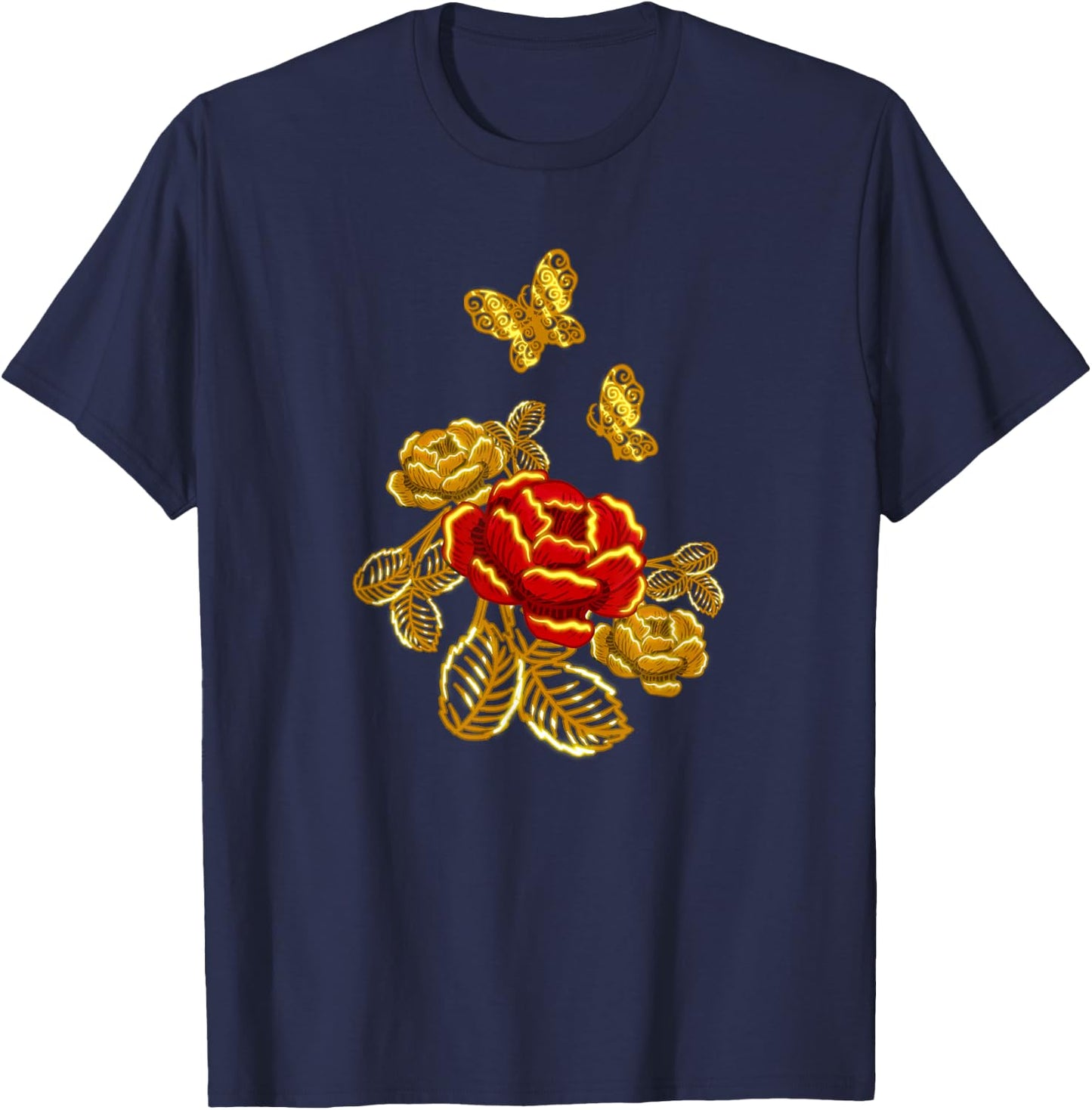 Golden Red Butterfly Flower Plant Florist Gift T-Shirt - T-Shirt | Navy