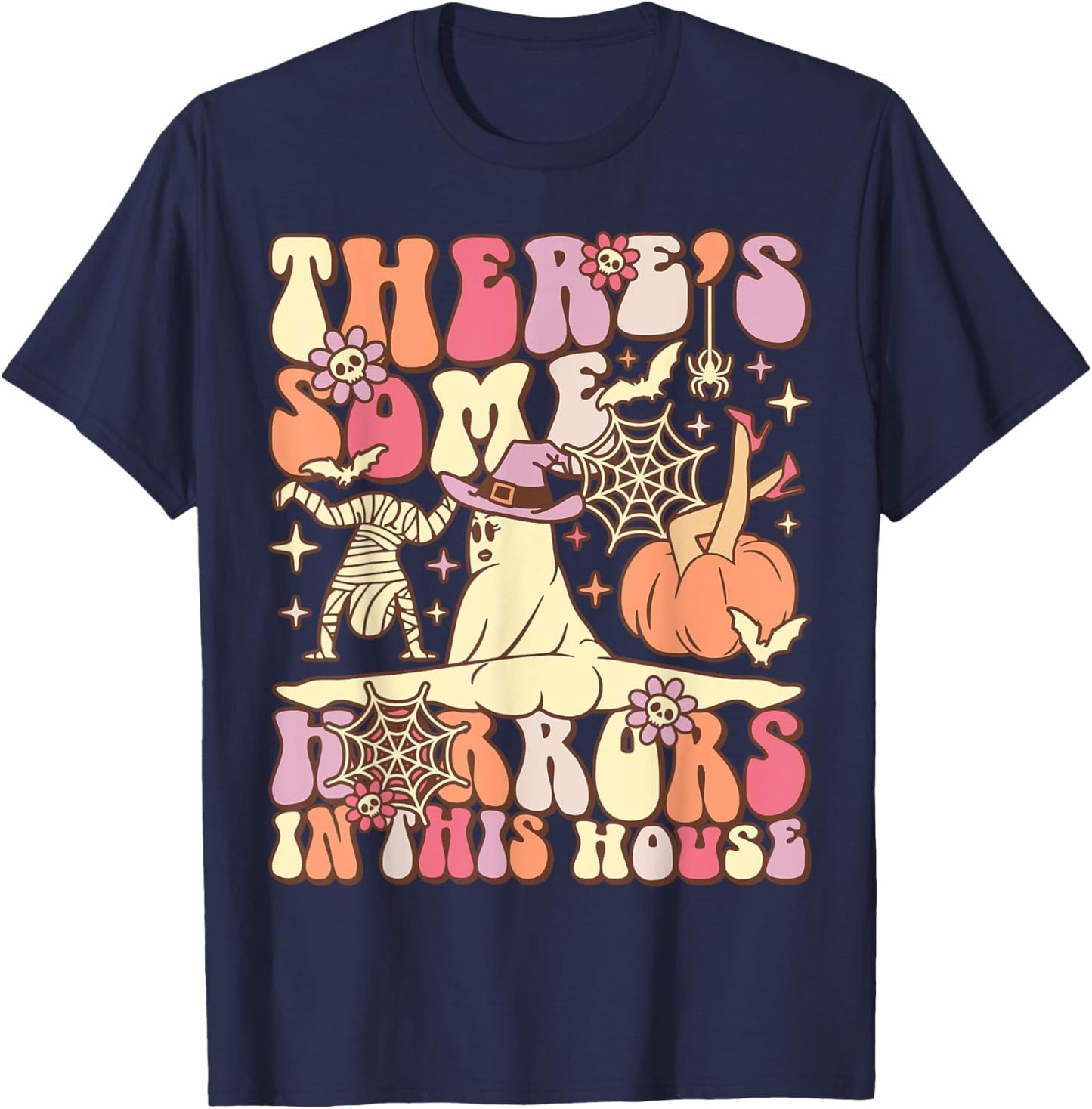 There's Some Horrors In This House Groovy Ghost Halloween T-Shirt - T-Shirt | Navy