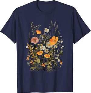 Vintage Flowers Floral Pressed Flower T-Shirt - T-Shirt | Navy
