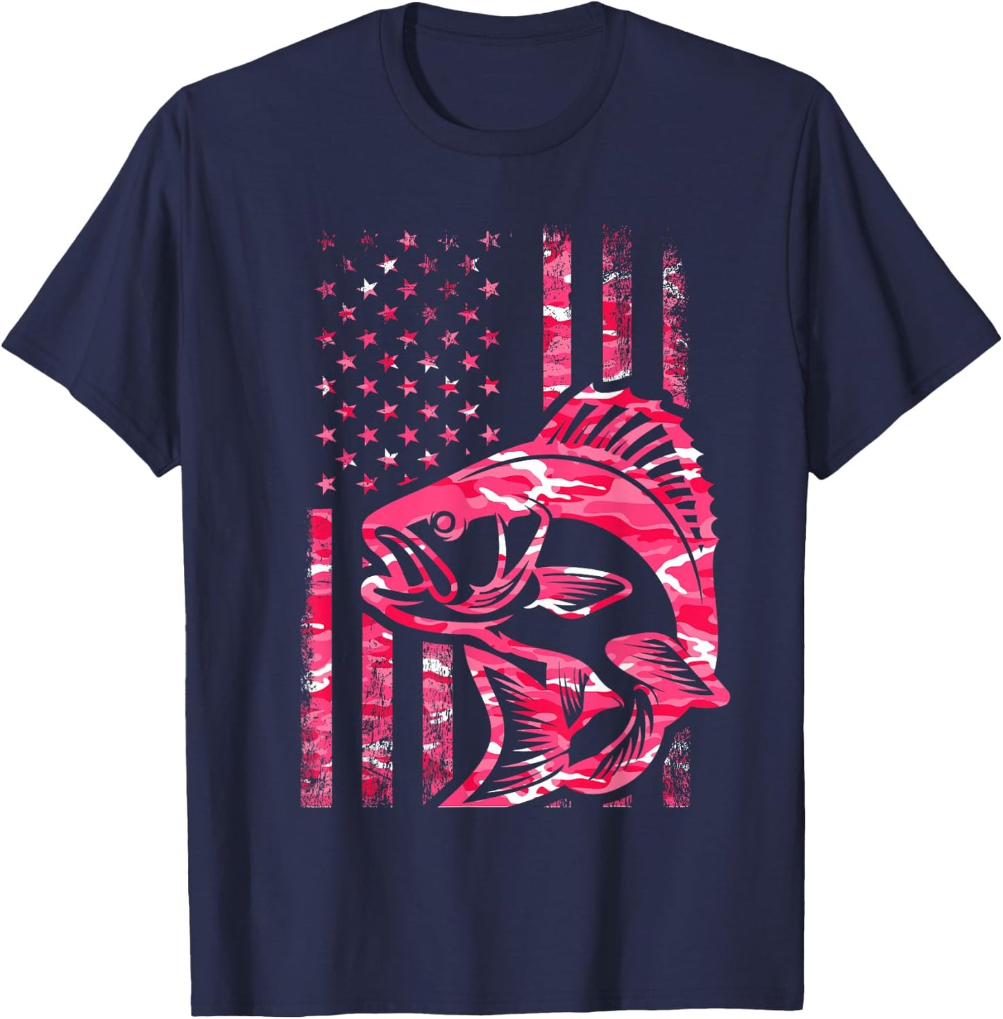 Pink Camo American Flag Fishing Shirt Women Bass Fishing T-Shirt - T-Shirt | Navy