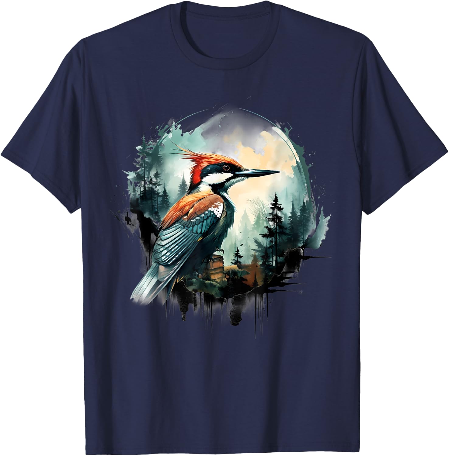 Woodpecker Portrait Colorful Wildlife Animal Art Artwork T-Shirt - T-Shirt | Navy