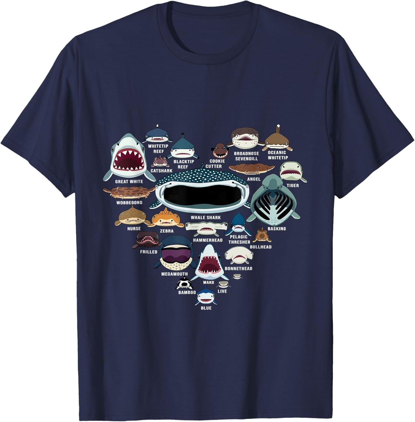 Types Of Shark Identification - Shark Faces - Shark Heart T-Shirt - T-Shirt | Navy