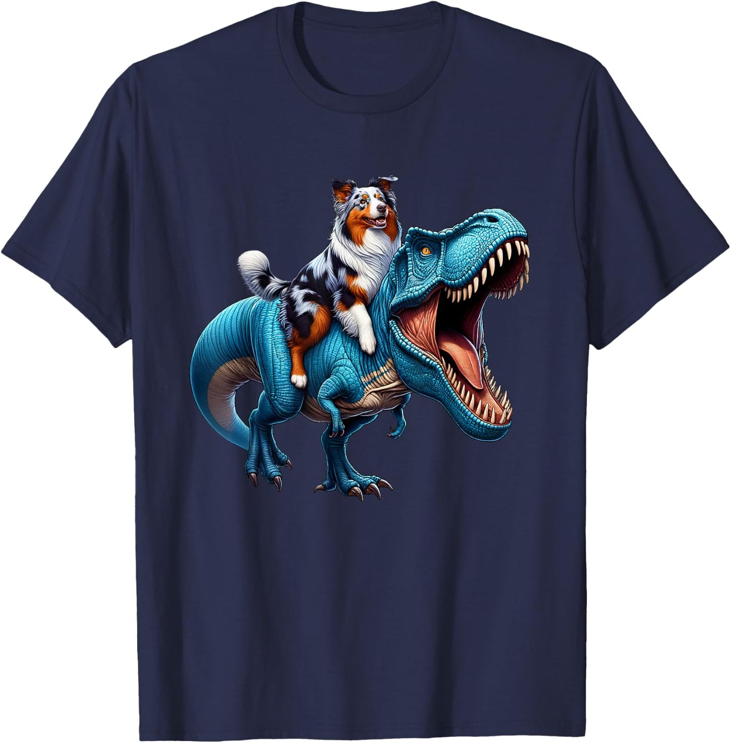 Australian Shepherd Riding T-Rex Dinosaur Funny Dog Lover T-Shirt - T-Shirt | Navy
