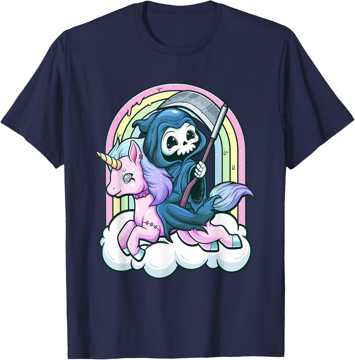 Kawaii Pastel Goth Cute Creepy Unicorn Grim Reaper T-Shirt - T-Shirt | Navy