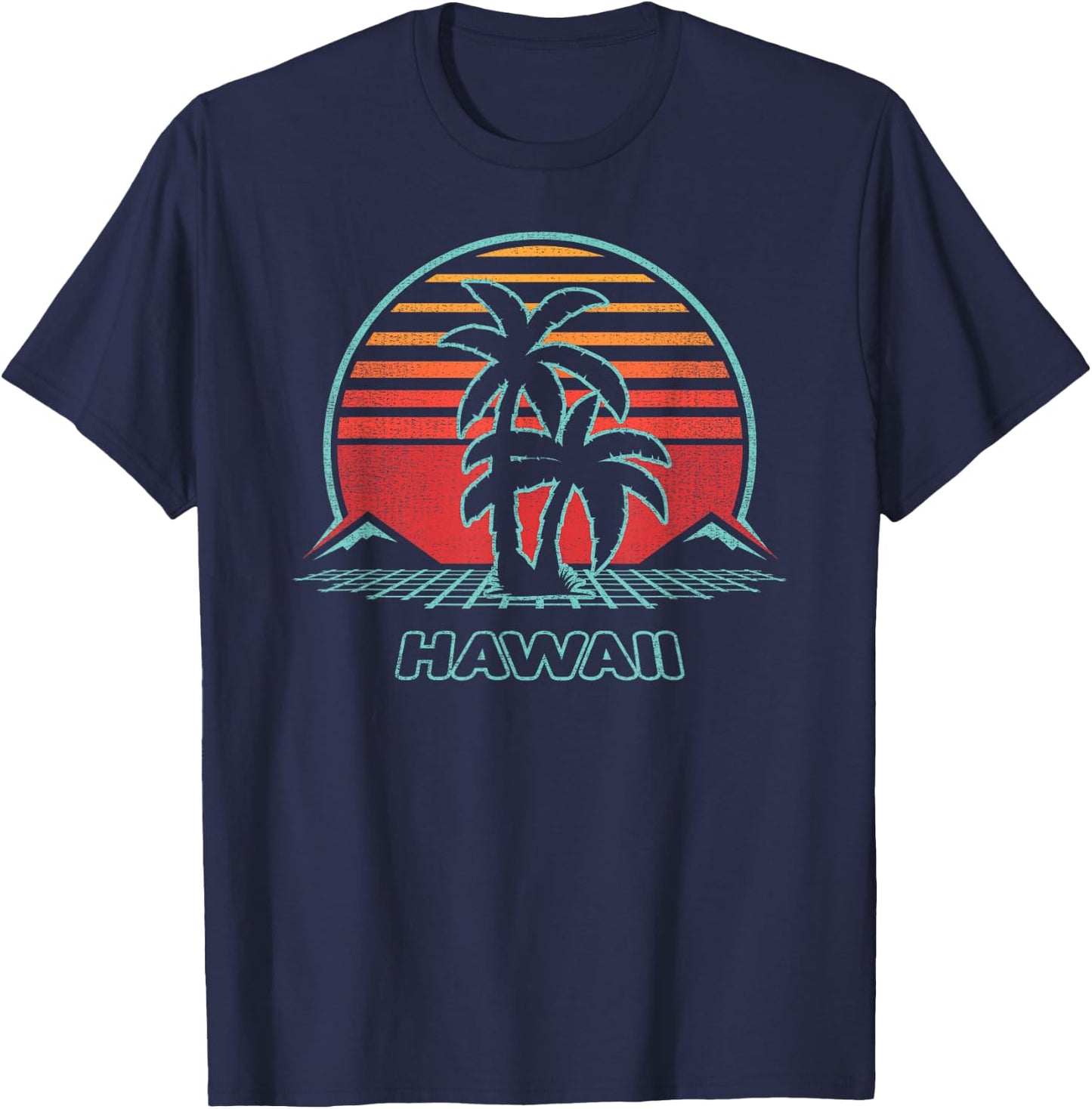 Hawaii Retro Palm Tree Beach 80s Style Men Women Kids T-Shirt - T-Shirt | Navy