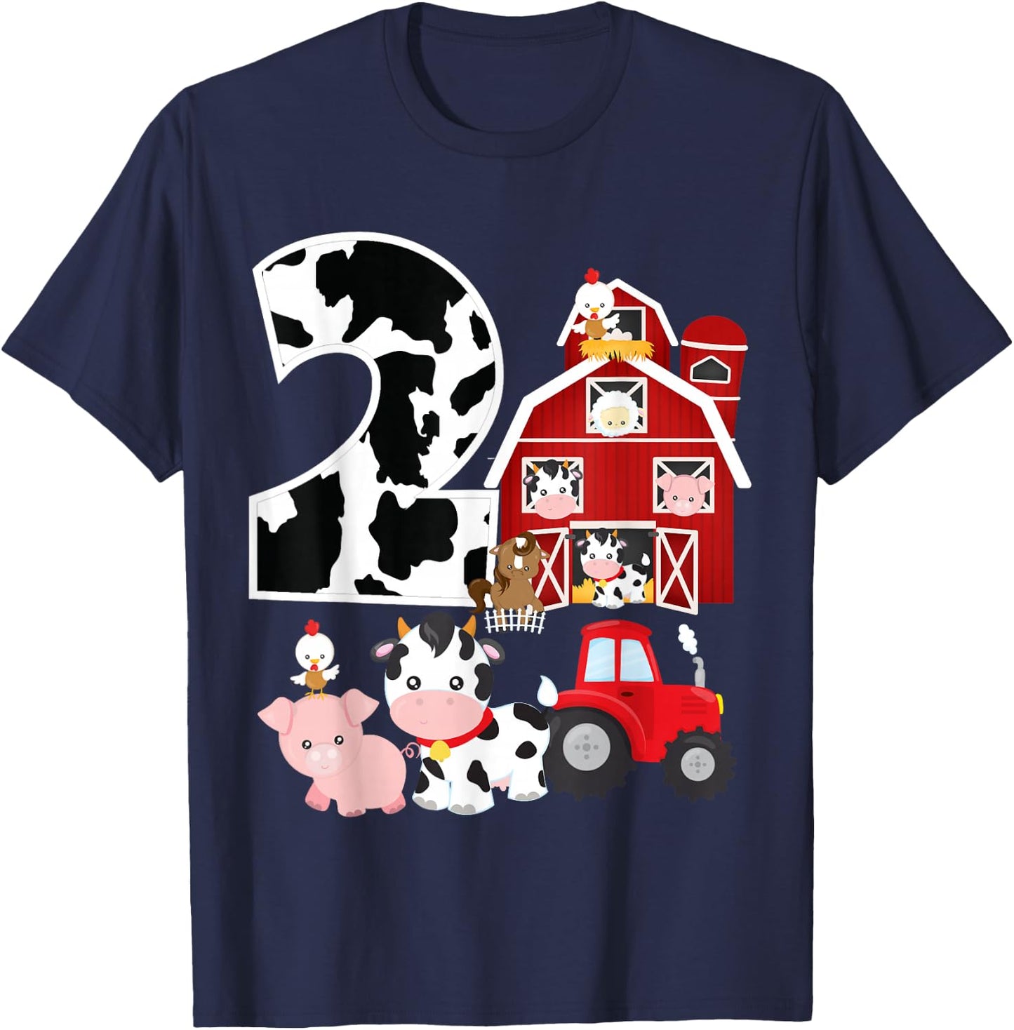 Farm Barnyard Theme Pig Cow Horse 2nd Birthday 2 Yrs Old T-Shirt - T-Shirt | Navy