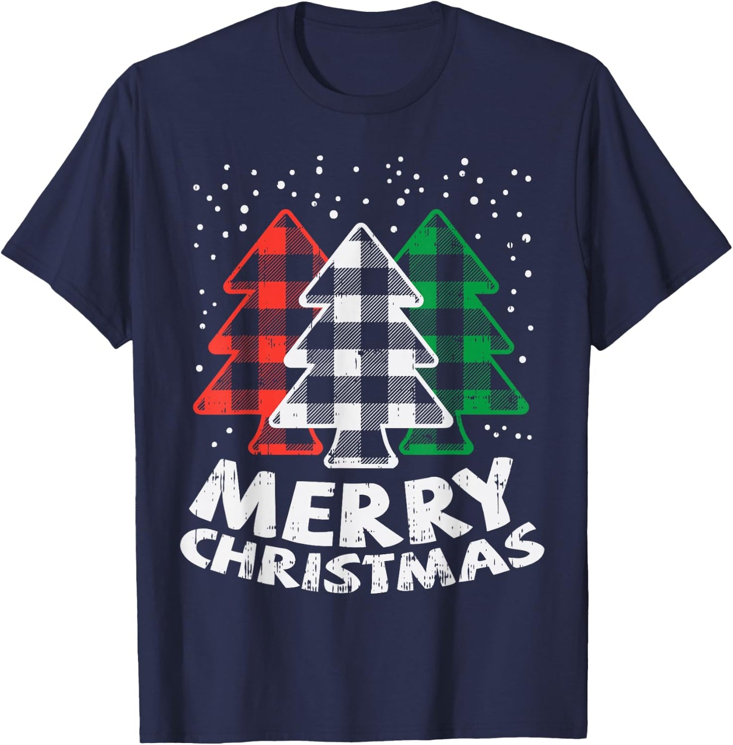 Green White Red Buffalo Plaid Merry Christmas Trees Gift T-Shirt - T-Shirt | Navy