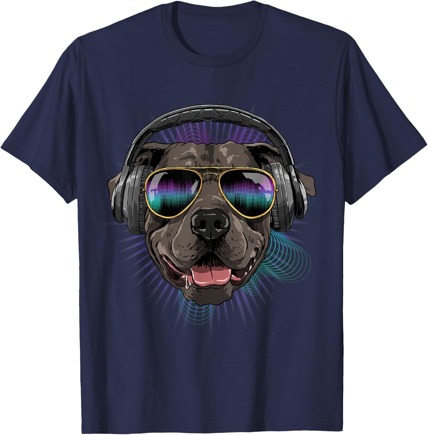 Music Pit Bull Dj With Headphones Musical Dog Lovers T-Shirt - T-Shirt | Navy
