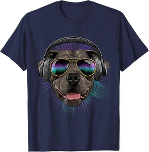 Music Pit Bull Dj With Headphones Musical Dog Lovers T-Shirt - T-Shirt | Navy