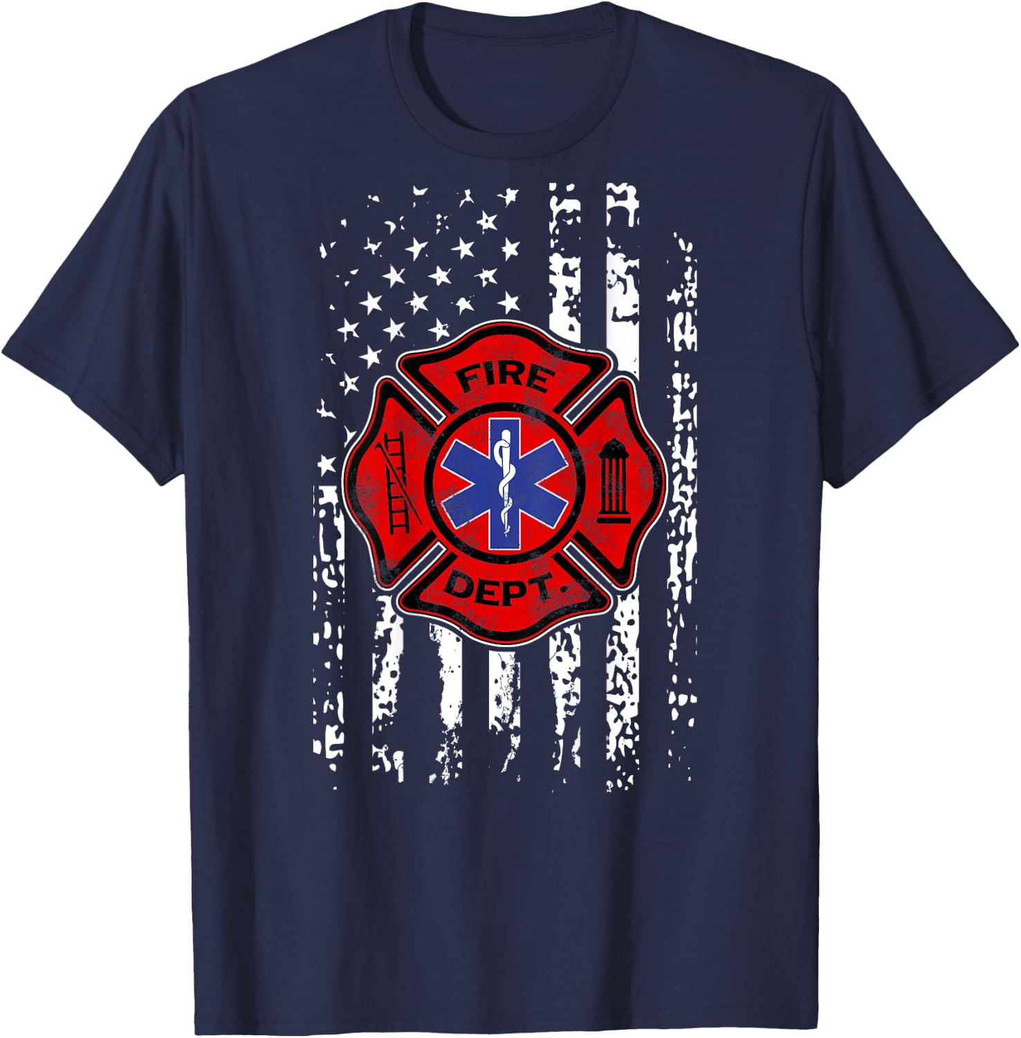 EMT Firefighter Shirt Fireman EMS USA Flag Gift Back Print T-Shirt - T-Shirt | Navy