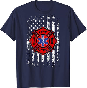 EMT Firefighter Shirt Fireman EMS USA Flag Gift Back Print T-Shirt - T-Shirt | Navy