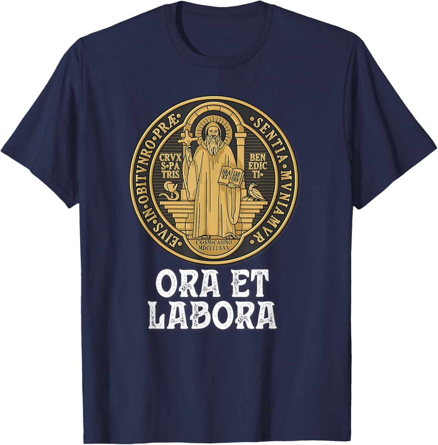 Saint Benedict Medal Traditional Catholic T-Shirt - T-Shirt | Navy