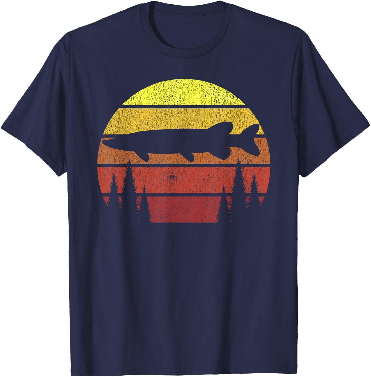 Northern Pike Retro Fishing Outline Fisherman T-Shirt - T-Shirt | Navy