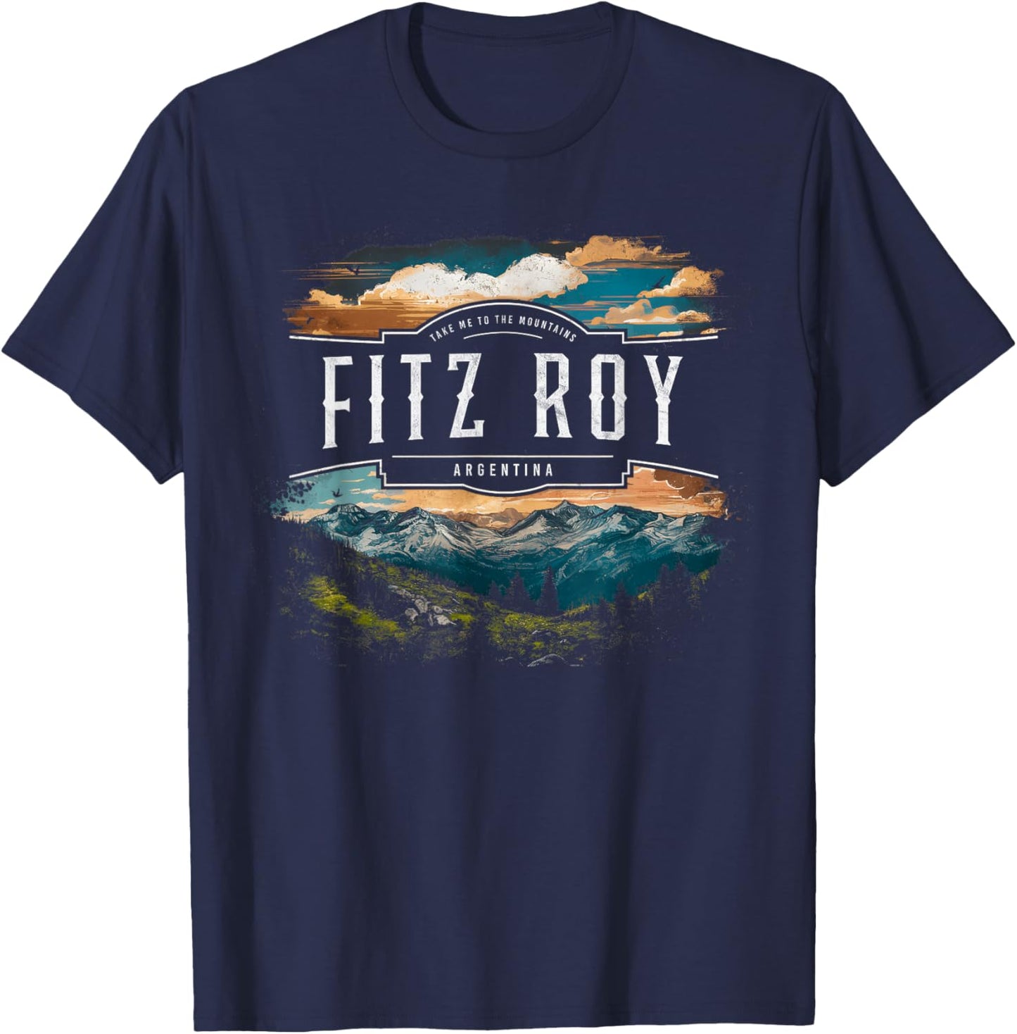 Fitz Roy Mountains Argentina Hiking Outdoors Vintage T-Shirt - T-Shirt | Navy