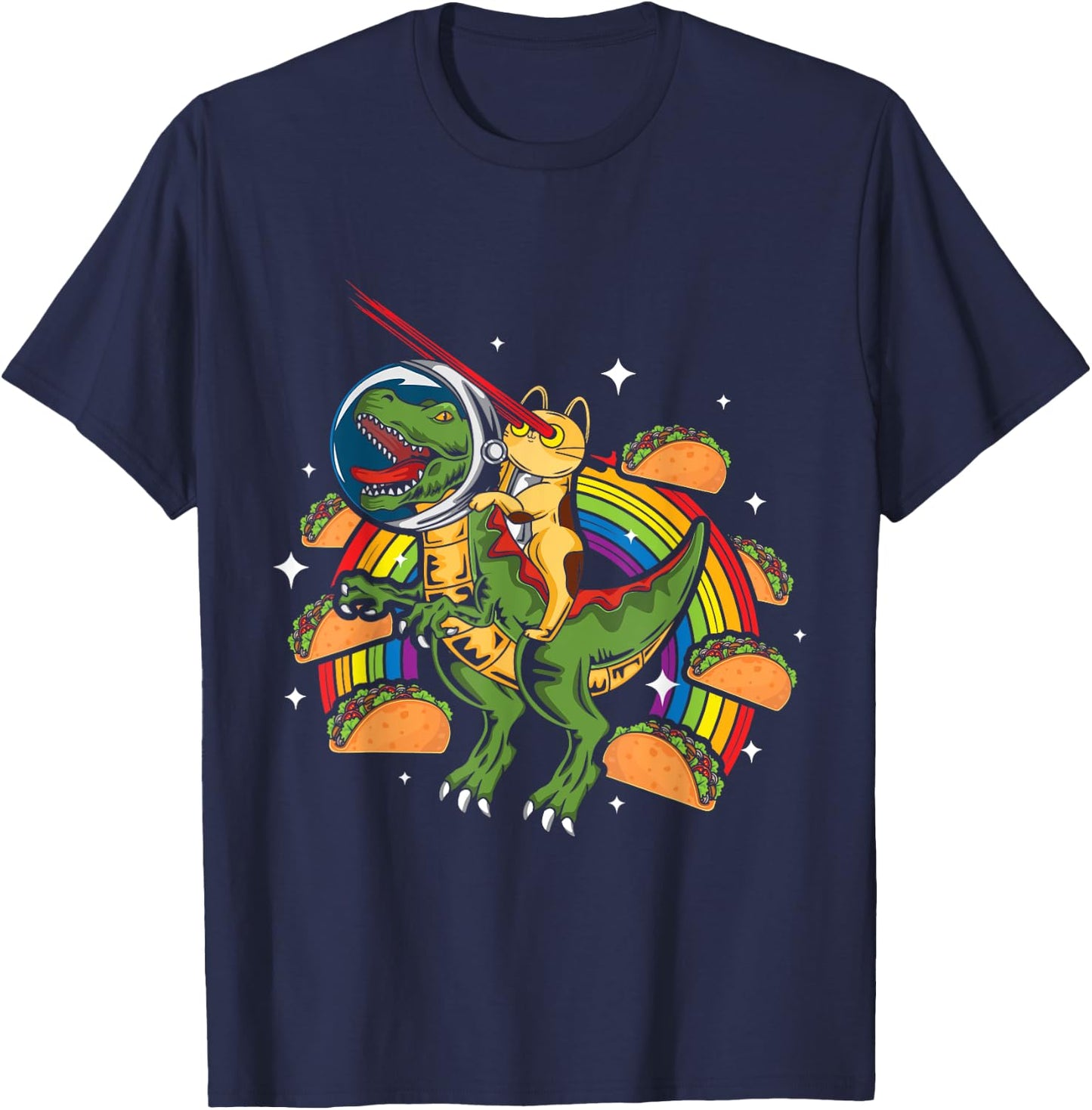 Crazy T-Rex Riding Cat Laser Eye Taco Rainbow Space Dinosaur Women Girls Kids T-Shirt - T-Shirt | Navy