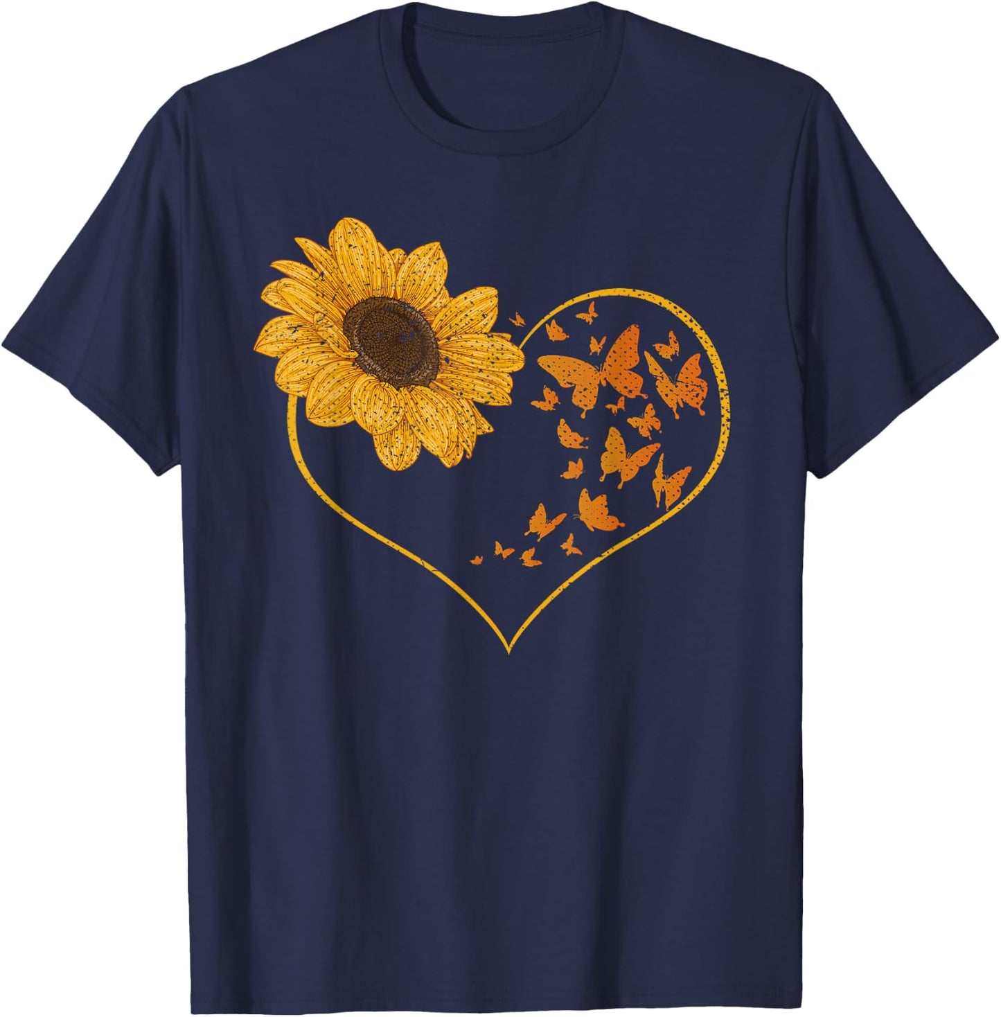 Butterfly Yellow Flowers Heart Hippie Sunflower T-Shirt - T-Shirt | Navy