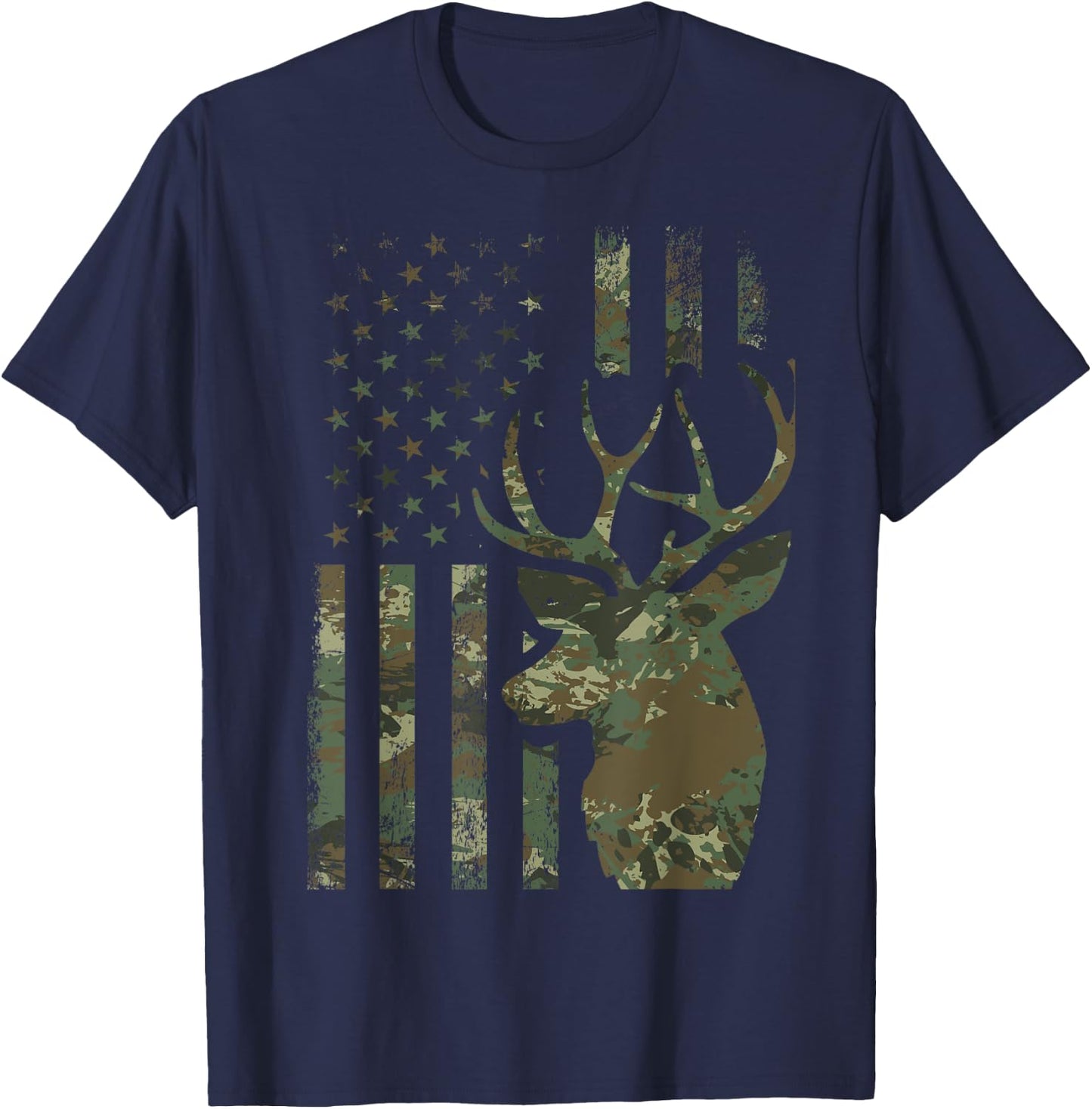 Camo American Flag Buck Hunting Gift Elk Deer Hunter Men T-Shirt - T-Shirt | Navy