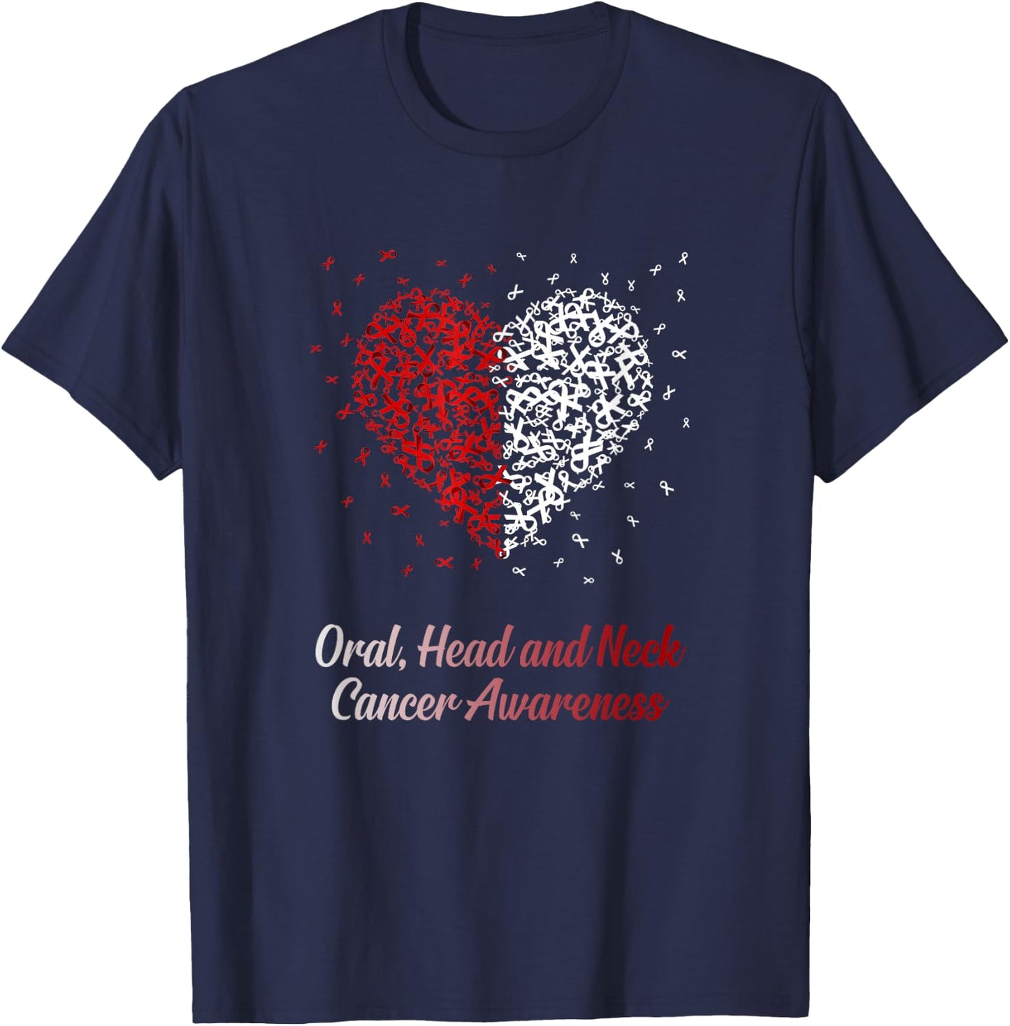 Burgundy White Heart Ribbon Oral Head Neck Cancer Awareness T-Shirt - T-Shirt | Navy