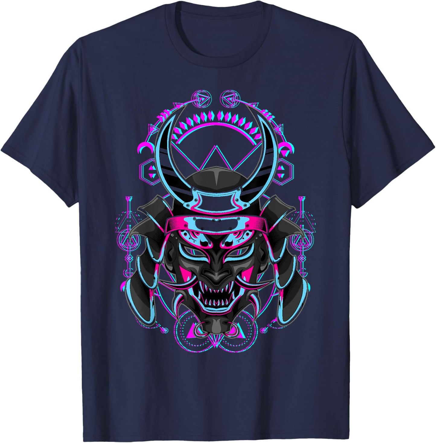 Japanese Demon Samurai Oni Face Mask Glitch T-Shirt - T-Shirt | Navy