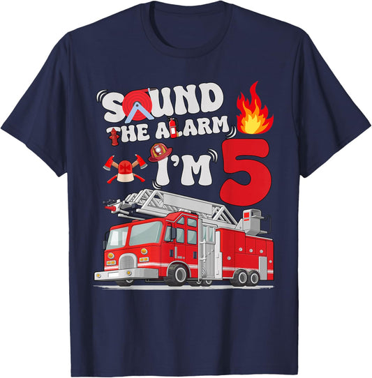 Sound The Alarm I'm 5 One Truck 5th Birthday Boys Party T-Shirt - T-Shirt | Navy