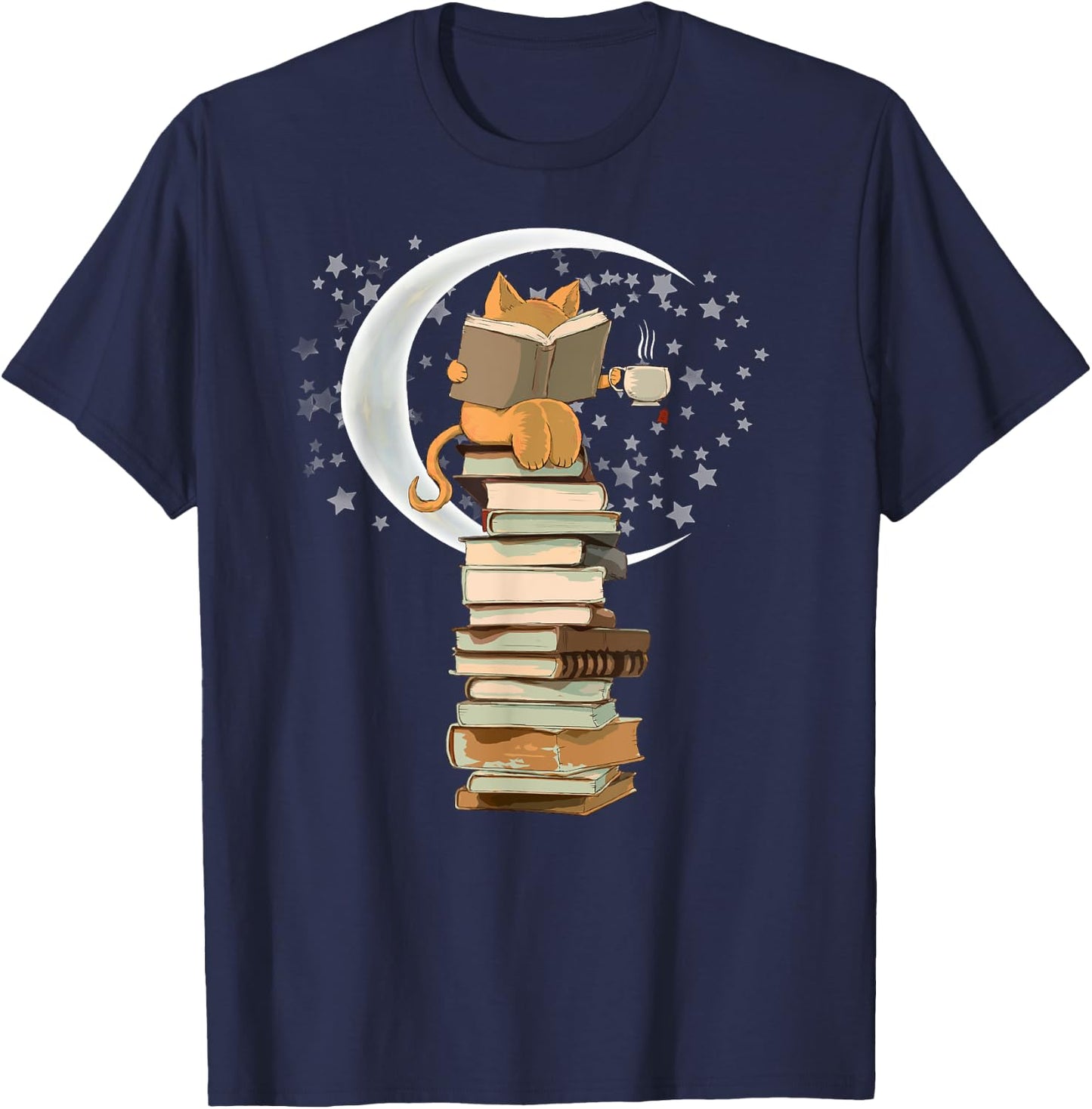 Kawaii Reading by moonlight, books, coffee and cute cat Men Women Girls Kids T-Shirt - T-Shirt | Navy